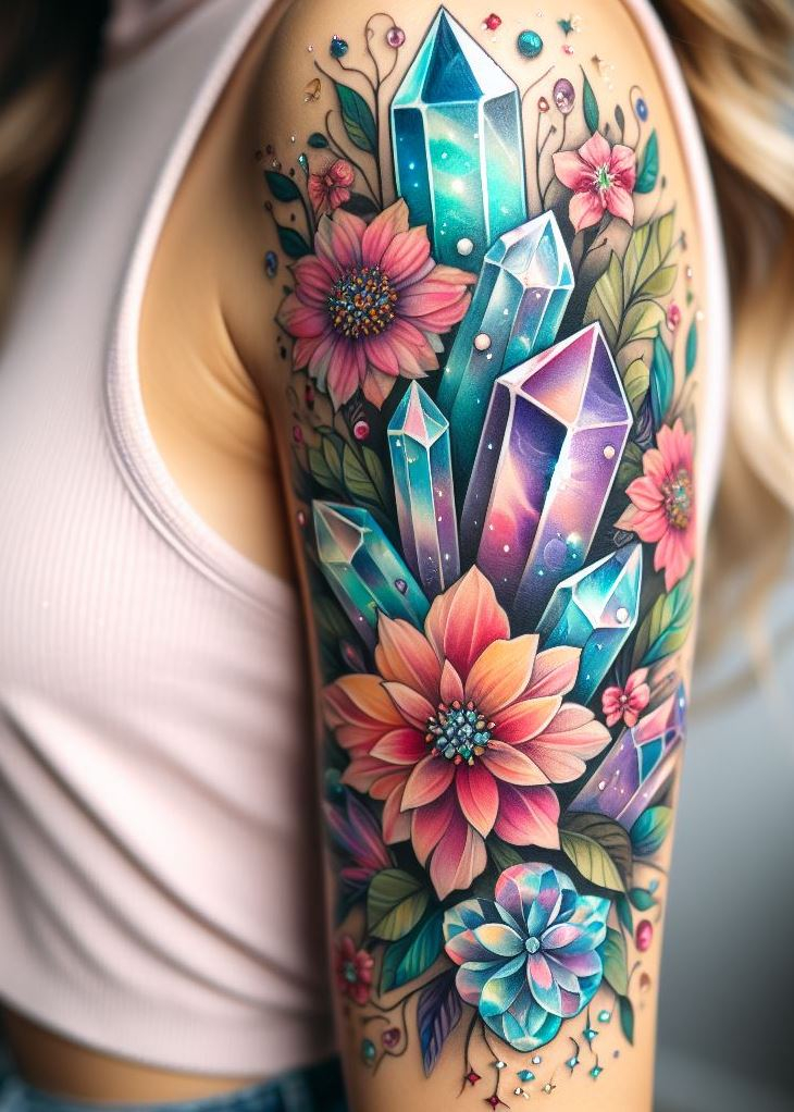 Like a garden of jewels, Crystal Tattoos bring the Crystal Floral Fantasy to life, blossoming with a radiance that rivals the morning sun.