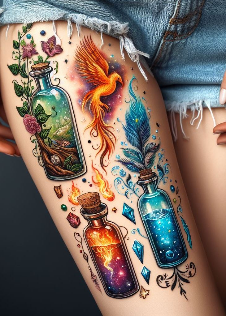 Storm's Fury: Elemental Potion Tattoo with Crackling Lightning: Embrace the raw power of the air with a dynamic potion bottle tattoo where crackling lightning dances around it. The electrifying liquid within represents channeling the untamed energy of air for transformation and inspiration.