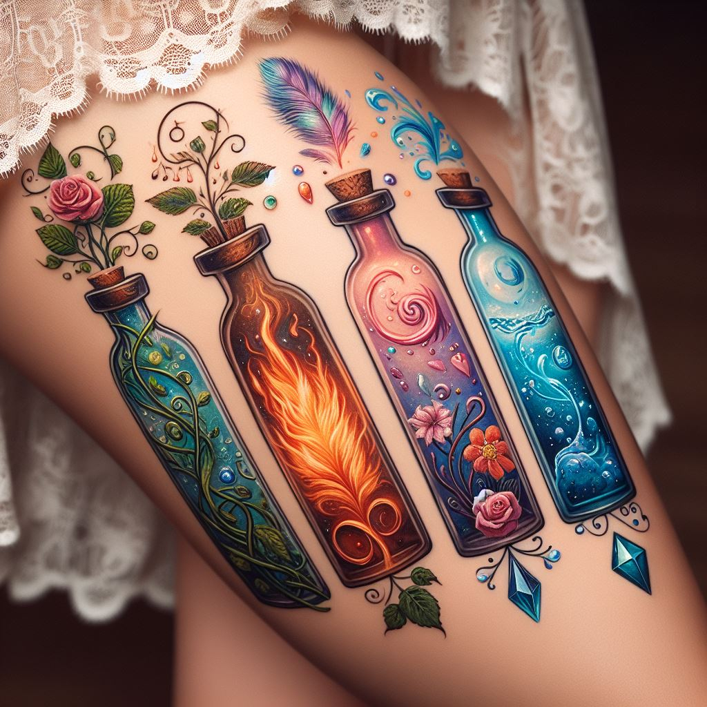 Whispers of the Earth: Elemental Potion Tattoo with Cascading Leaves: Capture the grounding power of nature with an earthy potion bottle tattoo adorned with cascading leaves. Swirling elements within the bottle symbolize harnessing the magic of the earth for growth and stability.