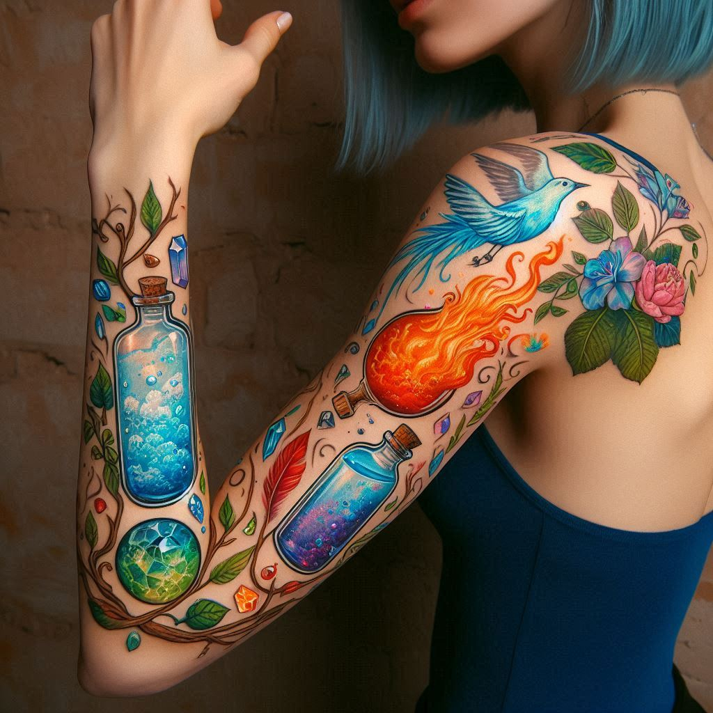 Nature's Bounty: Elemental Potion Tattoo with Overflowing Herbs: Symbolize the nurturing magic of the earth with a grounded potion bottle overflowing with herbs and flowers. The vibrant potion within represents using natural ingredients to create powerful elixirs for healing and growth.