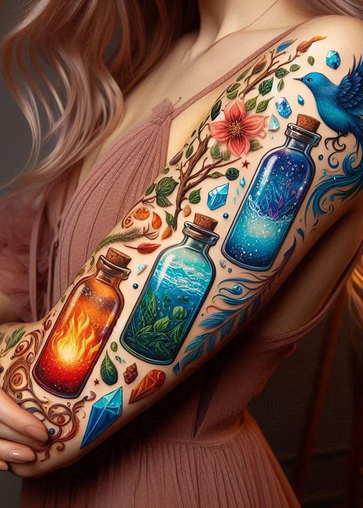 Dancing Flames: Elemental Potion Tattoo with Flickering Fire: Unleash the transformative power of fire with a captivating potion bottle tattoo engulfed in flickering flames. The vibrant liquid within symbolizes harnessing the fiery spirit for passion, change, and inner strength.