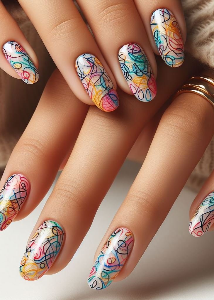 Abstract Nail Art: It's Not Just Random Splotches (We Promise!) | Pocoko Geometric Sonata: These nails play with angles and rhythm. Triangles, zigzags, and straight lines compose a modern opus. It’s like Mondrian met Mozart. 🎹🔷