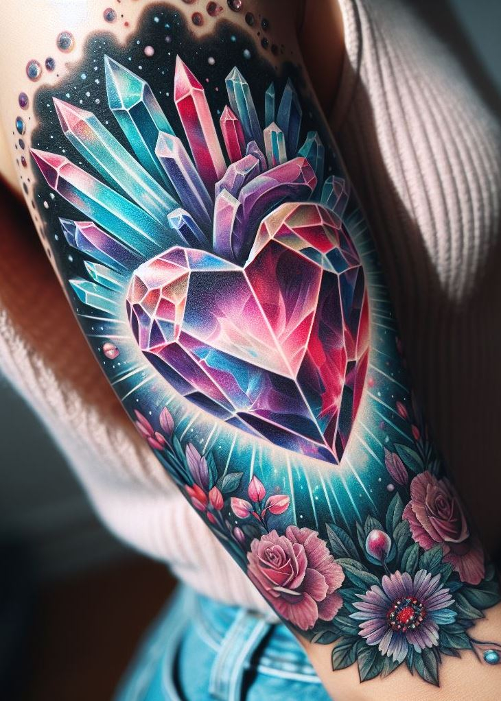 Embrace the fusion of geometry and nature with ‘Crystal Tattoos.’ The heart of crystals on your forearm is not just a tattoo; it’s a love letter written in shades of the sunset and the ocean’s depth. Unveil your heart’s facets with ‘Crystal Tattoos’ that blend geometric charm and floral finesse. 