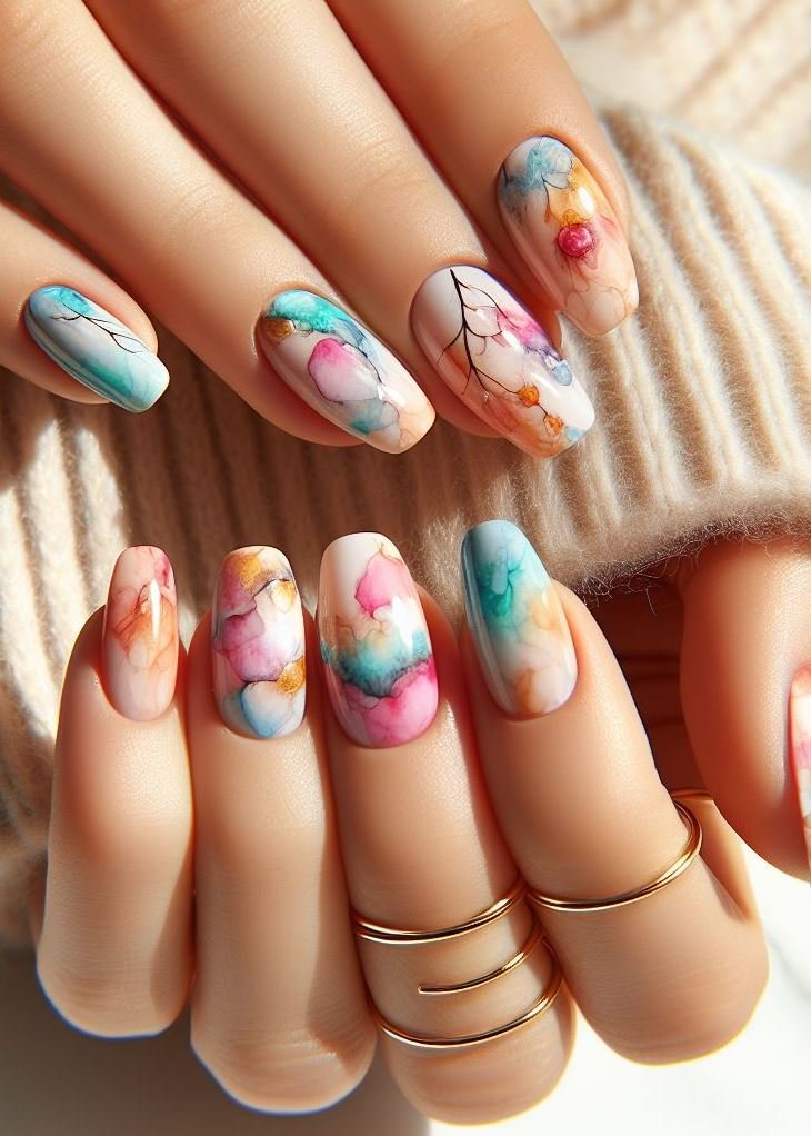 Abstract Nail Art: It's Not Just Random Splotches (We Promise!) | Pocoko Gradient Magic: Like a sunset melting into the sea, these watercolor nails blend seamlessly from one shade to another. It’s like wearing a sunset on your hands. 🌅🌊