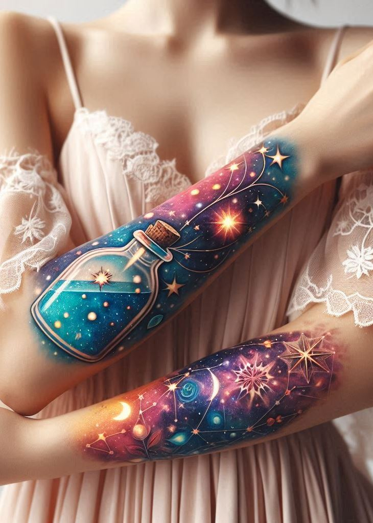 Whispering Starlight: A Delicate Potion Bottle Tattoo with Constellations: Embrace the subtle magic of the cosmos with a delicate potion bottle tattoo etched with faint constellations. The shimmering liquid within represents the quiet whispers of guidance and inspiration you receive from the universe.