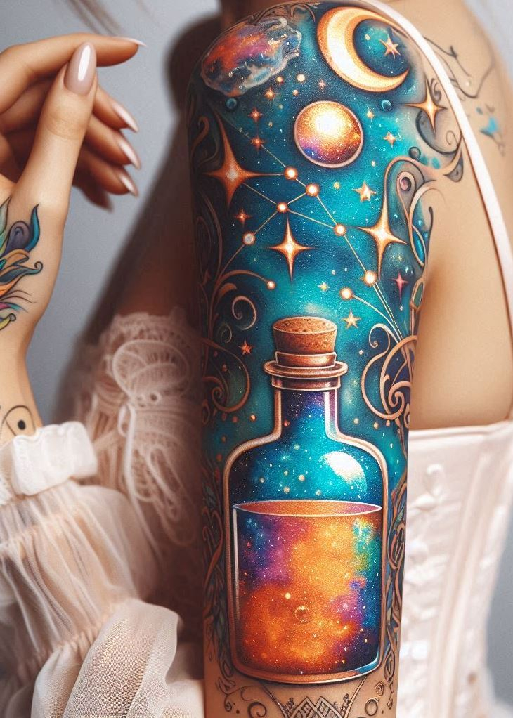 Cosmic Connection: A Glowing Potion Bottle Tattoo with a Single Constellation: Express your unique connection to the universe with a mesmerizing potion bottle tattoo featuring a single, prominent constellation. The glowing liquid within symbolizes the powerful energy that flows between you and your celestial counterpart.