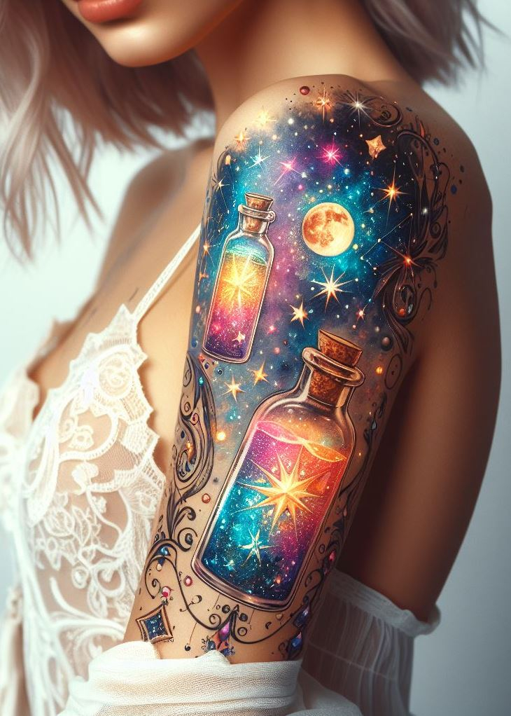 Wishes Upon the Stars: A Glowing Potion Bottle Tattoo with Shooting Stars: Capture the fleeting magic of wishes with a captivating potion bottle tattoo where shooting stars streak across a starry night sky. The glowing liquid within represents your dreams and aspirations launched into the cosmos.