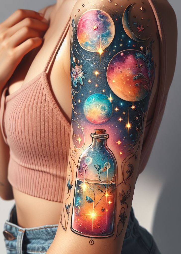 Whispers of Fate: A Glowing Potion Bottle Tattoo with a Crescent Moon: Embrace the ever-changing nature of magic with a luminous potion bottle tattoo cradled by a crescent moon. Glowing constellations swirl around the bottle, representing the whispers of fate and the unfolding mysteries of your destiny.