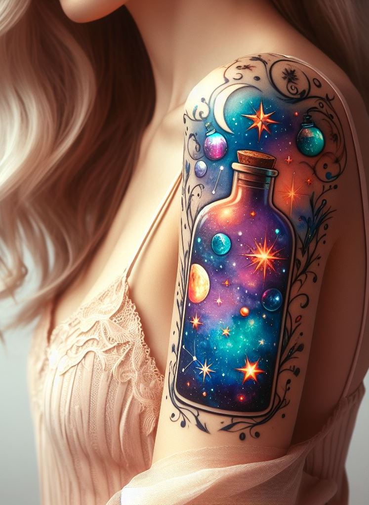 Celestial Compass: A Glowing Potion Bottle Tattoo with Guiding Stars: Let your path be illuminated with a glowing potion bottle tattoo adorned with constellations and shimmering stars. The starlight emanating from the bottle symbolizes the guidance and direction you find on your magical journey.