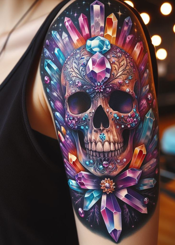 Forget the Grim Reaper, these crystal skull tattoos are a glamorous way to embrace your mortality. Crystal tattoos: reminding you to sparkle brightly while you're here.