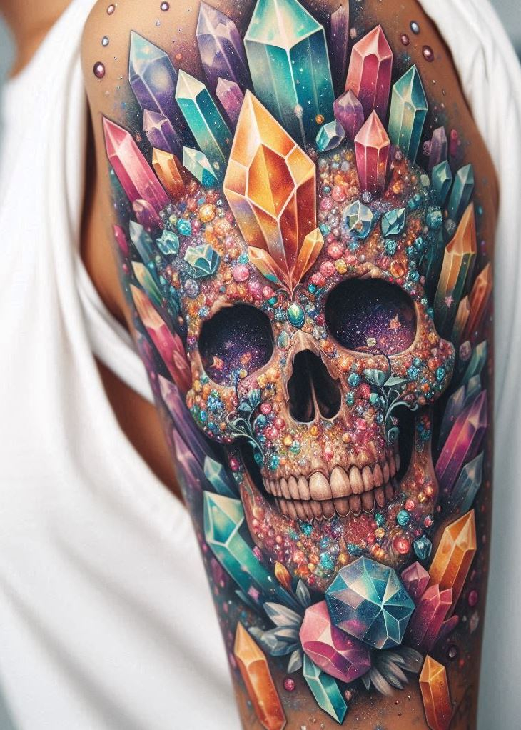 Crystal skulls? More like crystal cool! This tattoo isn't morbid, it's a dazzling reminder to live life to the fullest. Crystal tattoos: death is inevitable, but you can still look fabulous.