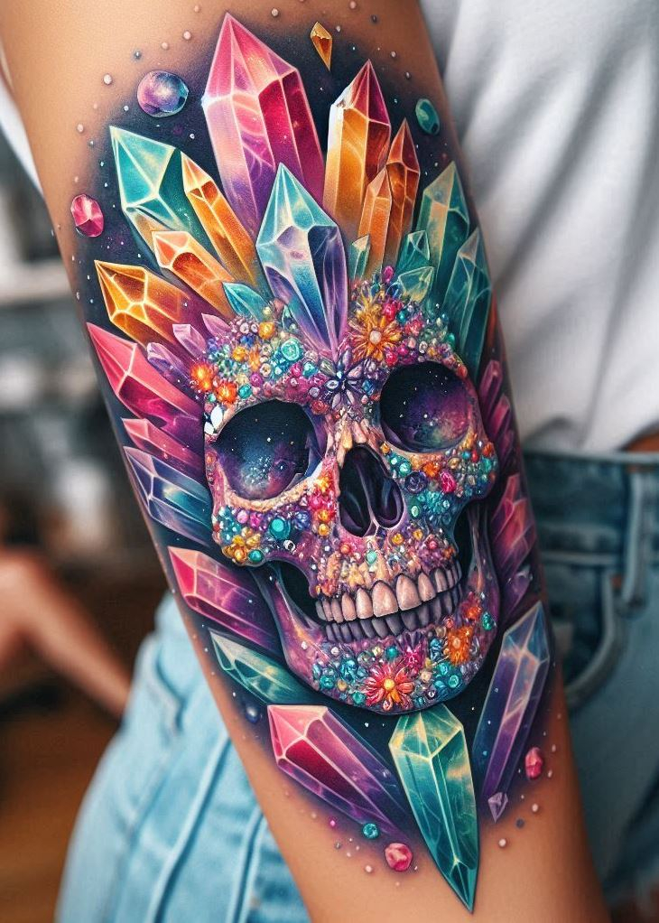 Crystal skulls get a glow-up! This dazzling tattoo design injects some serious bling into the whole memento mori thing. Crystal tattoos: death is inevitable, but you can still be a total rockstar.