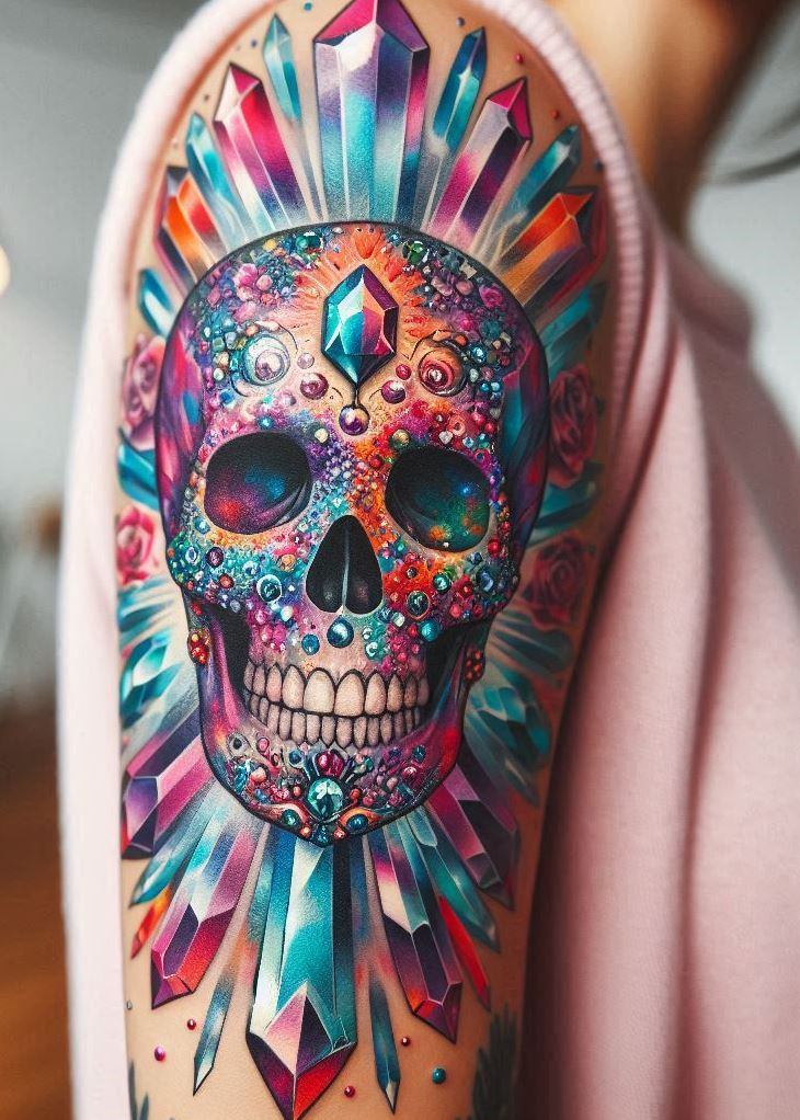 Memento Mori with a major makeover! This crystal skull tattoo is a stunning reminder that life is precious, and should be adorned with a touch of sparkle.