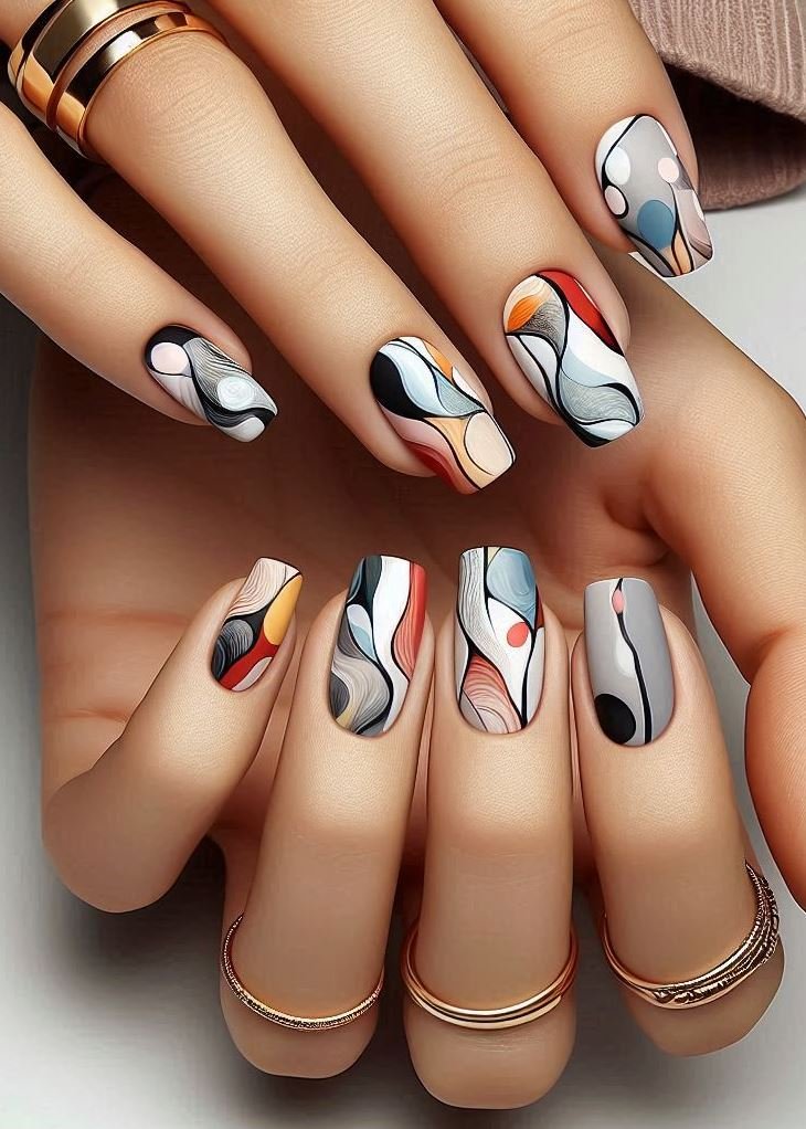 Abstract Nail Art: It's Not Just Random Splotches (We Promise!) | Pocoko Beyond Black & White: Monochrome Abstract Nails in Shades of Gray Ditch the boring basics and embrace the beauty of gray with Monochrome Abstract Nails! Play with different shades of gray, from charcoal to pearl, creating swirling patterns, geometric shapes, or even marbled effects for a sophisticated and artistic look on your fingertips.