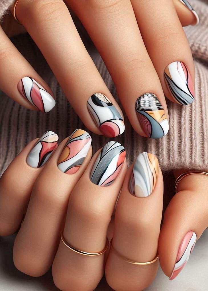 Abstract Nail Art: It's Not Just Random Splotches (We Promise!) | Pocoko Monochrome Abstract Nails with a Glimmer Craving a touch of glam with your Monochrome Abstract Nails? Go for the metallic mystery! Use a black base coat and then create abstract designs using a metallic polish like gold or silver. It adds a touch of intrigue and a subtle shimmer to your abstract masterpiece