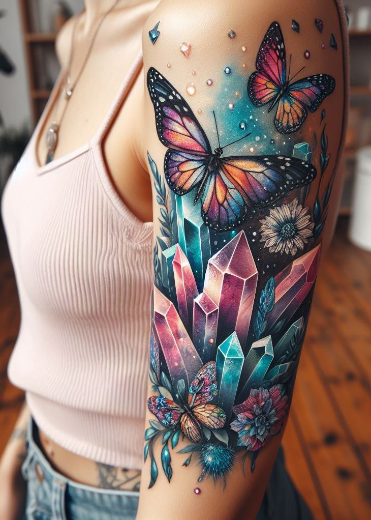 Embrace your inner transformation with a touch of sparkle! These crystal butterfly tattoos are a dazzling reminder that beauty emerges from even the toughest cocoons. Crystal tattoos: where metamorphosis meets magnificence.