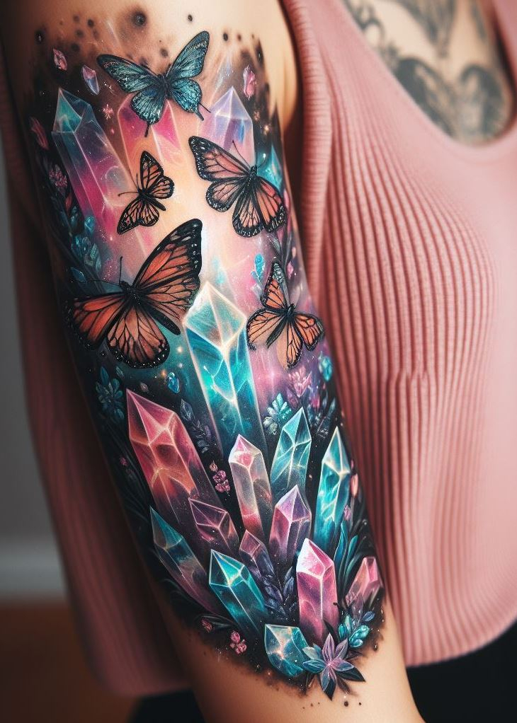 Spread your wings and sparkle! These crystal butterfly tattoos are a breathtaking symbol of personal growth and dazzling beauty. Crystal tattoos: reminding you to take flight and embrace your brilliance.