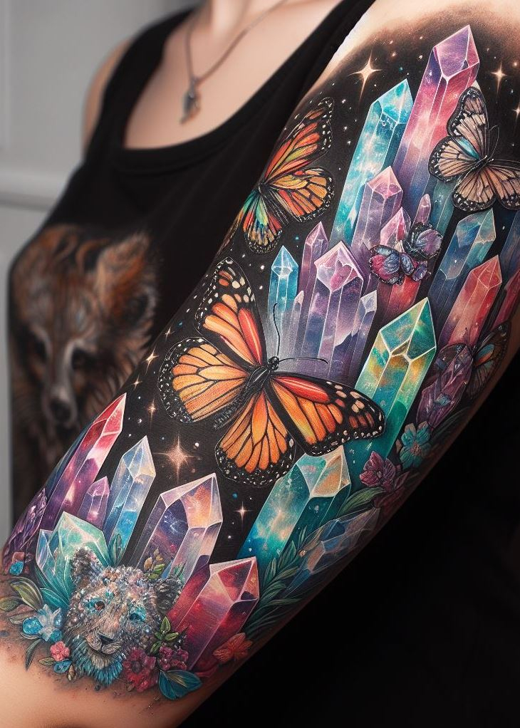 Ditch the caterpillar, embrace the crystal butterfly! This stunning tattoo design captures the magic of transformation, with a touch of glamorous bling. Crystal tattoos: for those who believe the best is yet to come.