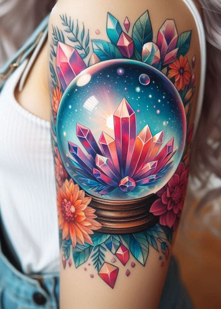 Life's a mystery, embrace it with sparkle! This crystal ball tattoo is a reminder that the future is full of possibilities, and you can face them with some serious style. Crystal tattoos: the future is bright, and it's yours to conquer.