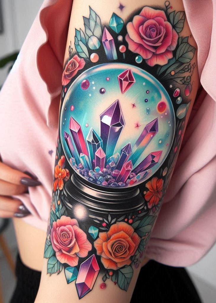 Channel your inner mystic with a crystal ball tattoo! It's a reminder that you have the power to shape your own destiny, adorned with a touch of glam. Crystal tattoos: the future is bright, and sparkly.