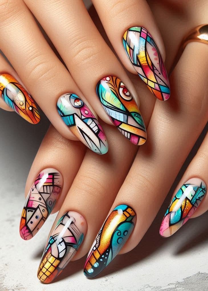 Abstract Nail Art: It's Not Just Random Splotches (We Promise!) | Pocoko Trade Walls for Nails: Graffiti Style Nails with a Pop of Color Ditch the boring mani and embrace the urban jungle with Graffiti Style Nails! Channel your inner street artist with bold lines, drips, and splatters of vibrant colors. It's like a mini mural on each fingertip, guaranteed to turn heads and showcase your edgy side.