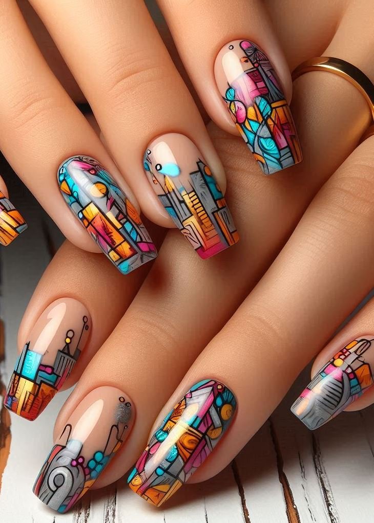 Abstract Nail Art: It's Not Just Random Splotches (We Promise!) | Pocoko Graffiti Style Nails with a Luxe Touch Elevate your street cred with Graffiti Style Nails that have a touch of luxe. Paint your base coat in a sleek black and then create drips, splatters, or outlines using a metallic polish like gold or silver. It's a surprising and eye-catching way to combine edgy street art vibes with a touch of sophistication.