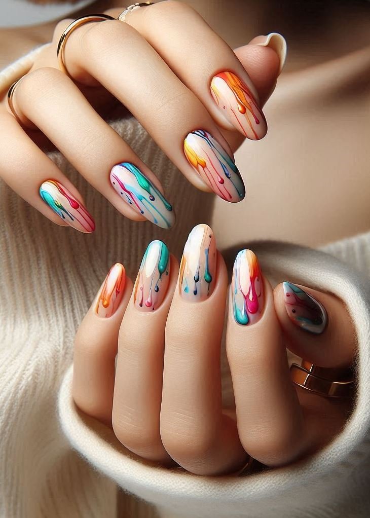 Abstract Nail Art: It's Not Just Random Splotches (We Promise!) | Pocoko Melting Popsicles: These nails are the frozen treats of summer, melting in slow motion. The colors blend like sorbet flavors—tangerine, mint, and raspberry. Lick them, and you’ll taste creativity. 🍦🎨