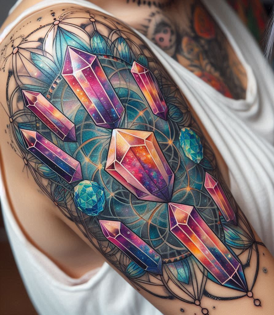 Crystal tattoos get a geometric upgrade! This dazzling design combines the power of sacred shapes with the beauty of sparkling stones. It's like wearing a tiny, magical equation on your skin.