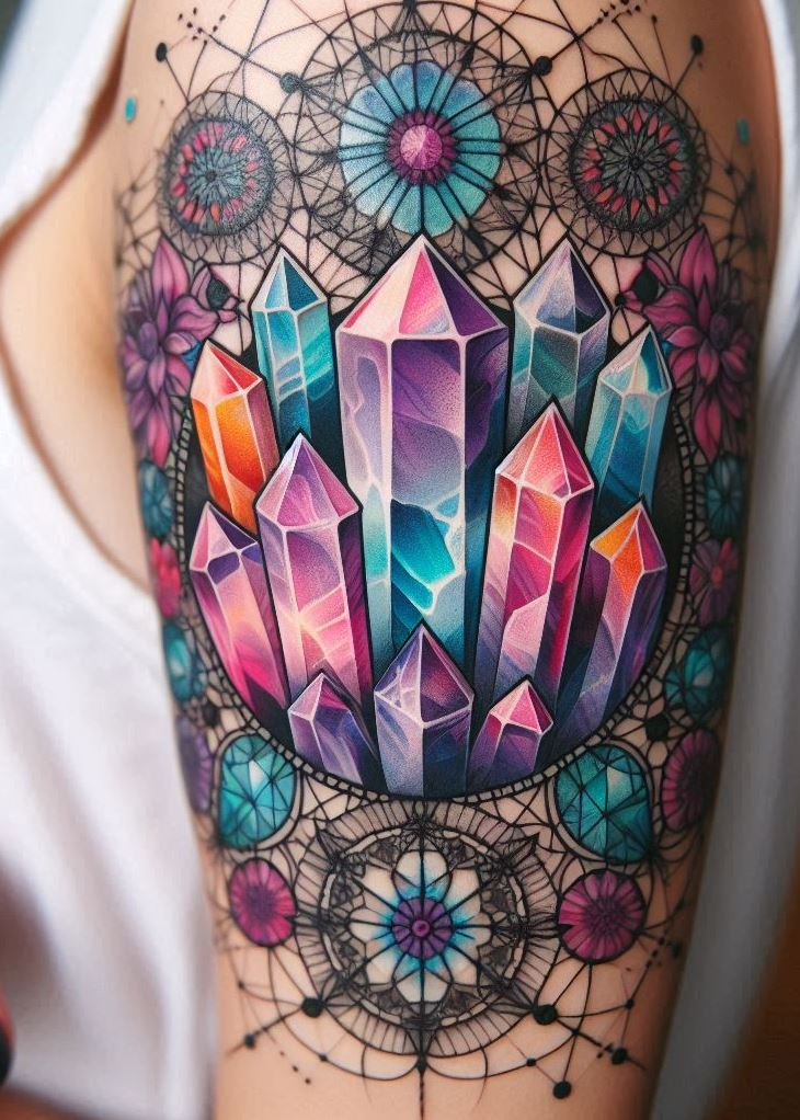 Forget boring textbooks, this crystal tattoo is where math meets magic! Sacred geometry meets sparkling stones in a mesmerizing design that's both beautiful and intellectually stimulating. Crystal tattoos: for the brainiac with a touch of sparkle.