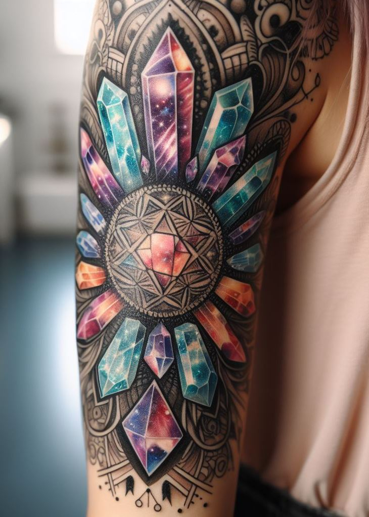 Ditch the calculator, wear a crystal equation! This captivating tattoo design uses sacred geometry and sparkling stones to create a beautiful reminder of the order hidden within the universe. Crystal tattoos: for the soul that seeks beauty in the intricate details.