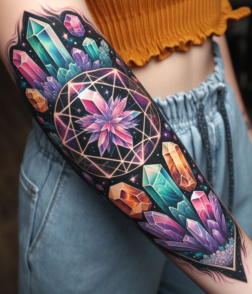 Level up your crystal game with a touch of geometry! This mesmerizing tattoo design combines the ancient wisdom of sacred shapes with the dazzling beauty of crystals. Crystal tattoos: where science meets spirit, and both are stunning.