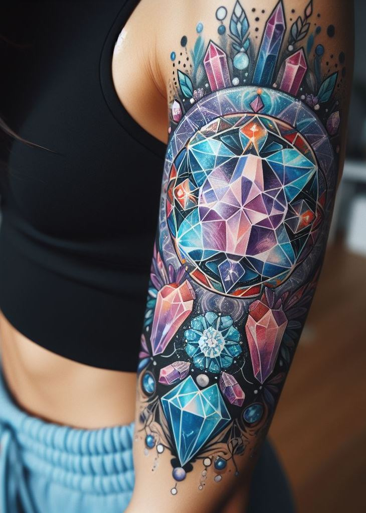 Numbers and crystals unite! This captivating tattoo design blends the power of sacred geometry with the beauty of sparkling stones. It's a reminder that the universe is full of hidden patterns, waiting to be discovered.