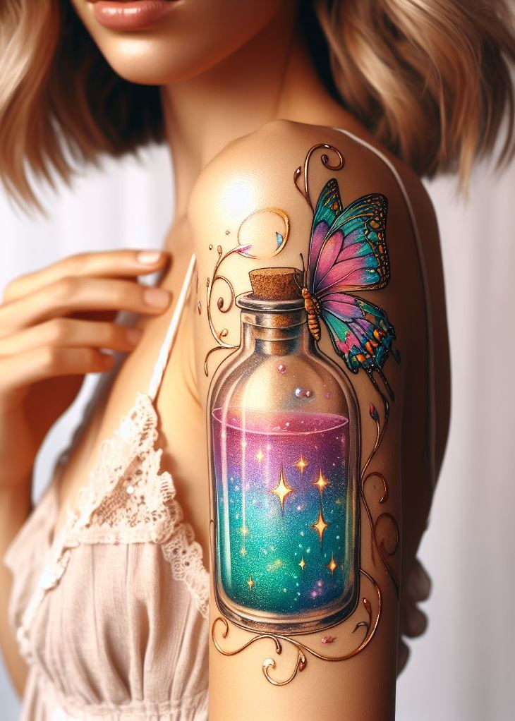 Uncork the charm of transformation with this Magic Potion Tattoo, where iridescent liquid dances with butterfly wings, promising a metamorphosis as mesmerizing as the ink itself.