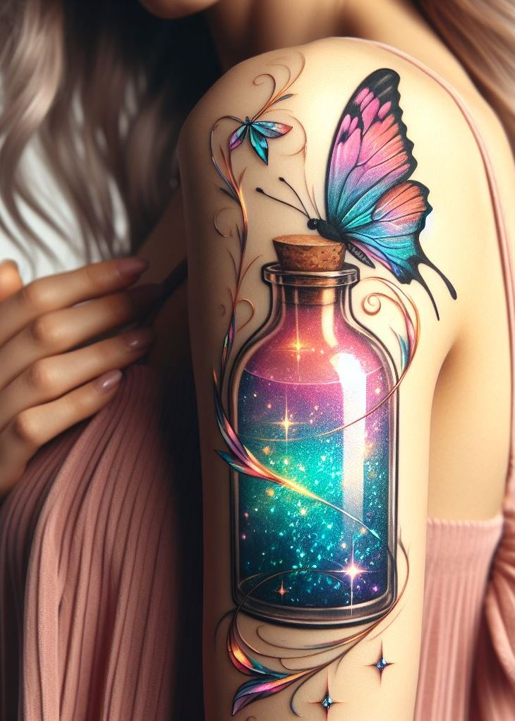 This Magic Potion Tattoo is a concoction of creativity, blending the allure of butterfly wings with the luster of liquid light, a canvas of wonder on your skin.