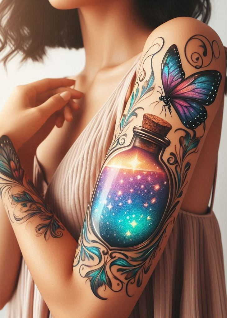 Adorn yourself with a vial of dreams where butterfly wings float in a mystical brew, a tattoo that’s a visual potion for the soul.