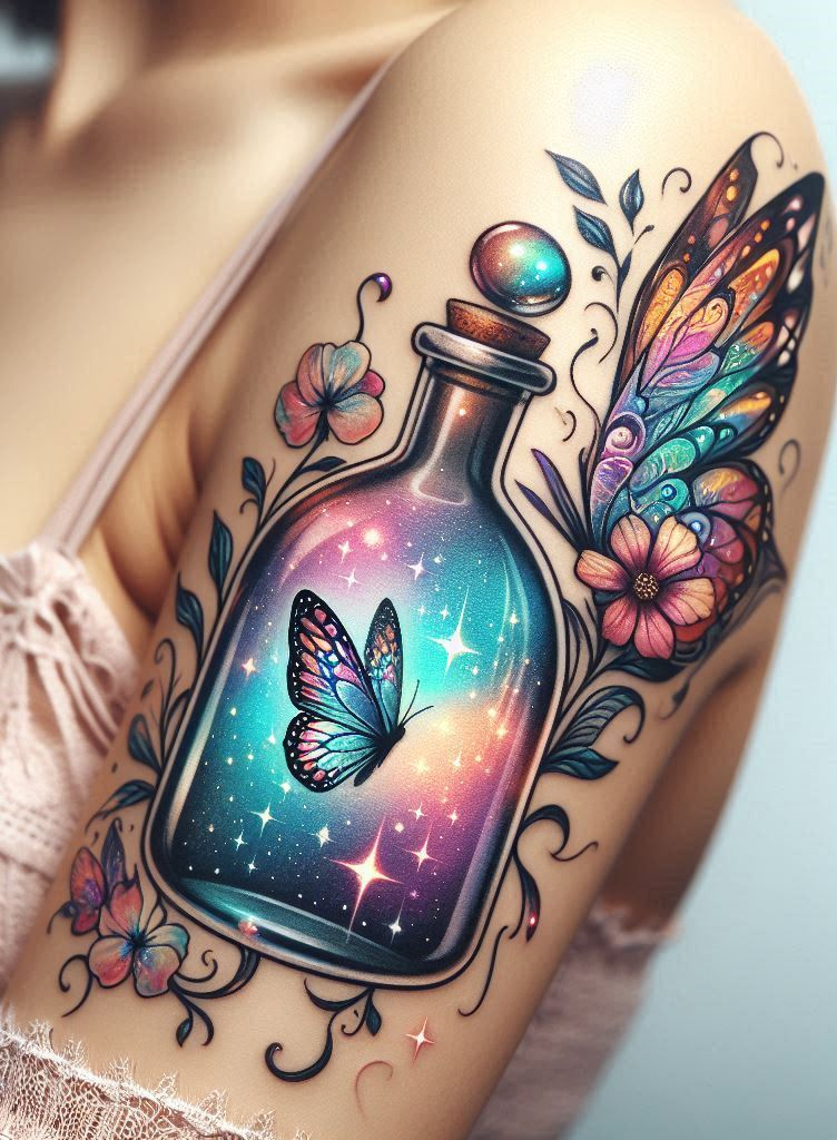 Ink a spectacle of splendor; a potion bottle that holds the iridescent flutter of life, reminding us that beauty is transient, yet eternal.