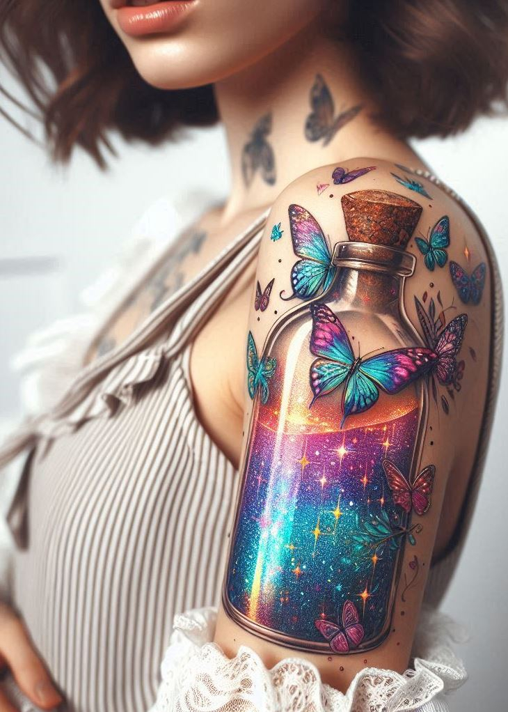 Capture the magic of moments in a bottle on your skin. This tattoo, with its shimmering liquid and delicate wings, is a silent ode to nature’s delicate balance.