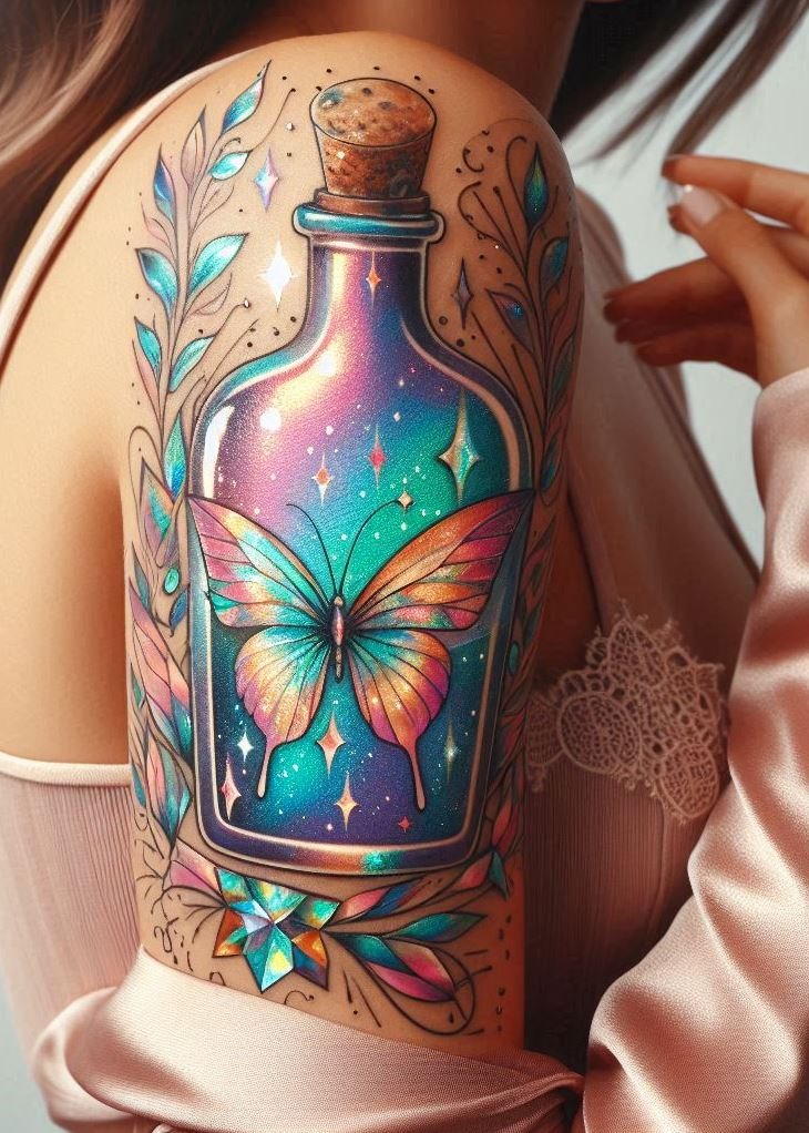 Let your skin tell a tale of enchantment with a potion bottle tattoo that sparkles with life, where butterfly wings whisper secrets of iridescent beauty.