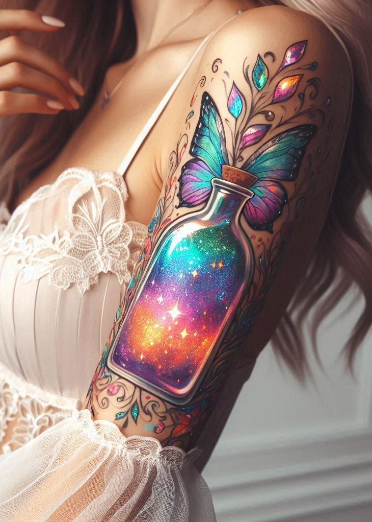 This tattoo bottles the essence of change; a potion so potent, it flutters with wings. It’s not just a tattoo, it’s a declaration of rebirth.