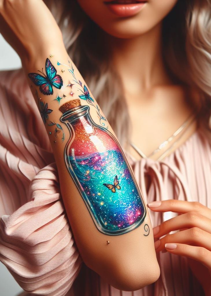 A whisper of whimsy captured in ink, this potion bottle with butterfly wings is a tattooed tribute to the magic hidden in everyday moments.