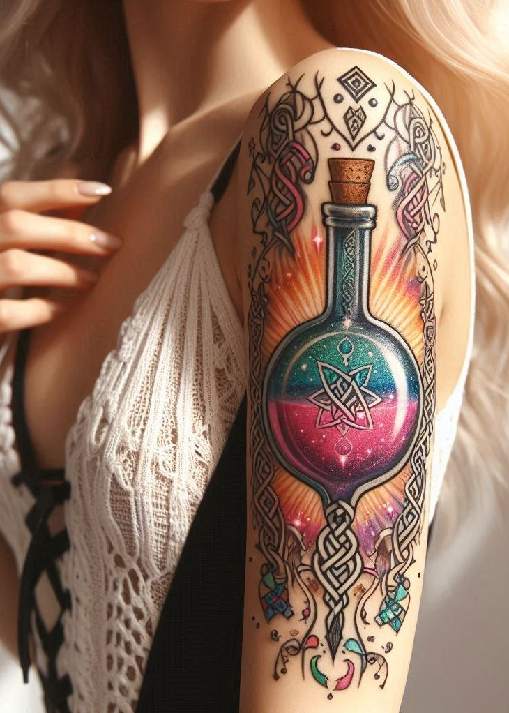 Conjure style and mystery with a potion bottle tattoo that whispers tales of Celtic warriors and arcane runes. It’s not just a tattoo; it’s a gateway to an era of enchantment.