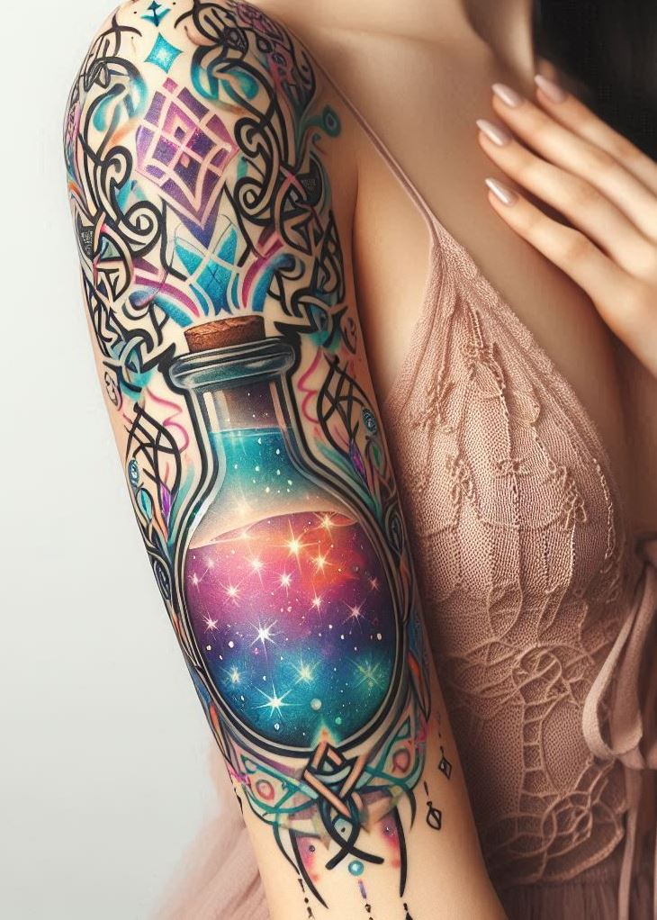 Bottle up some magic on your canvas with a potion tattoo that’s more than ink—it’s a concoction of Celtic tradition and runic power, brewing a spellbinding statement