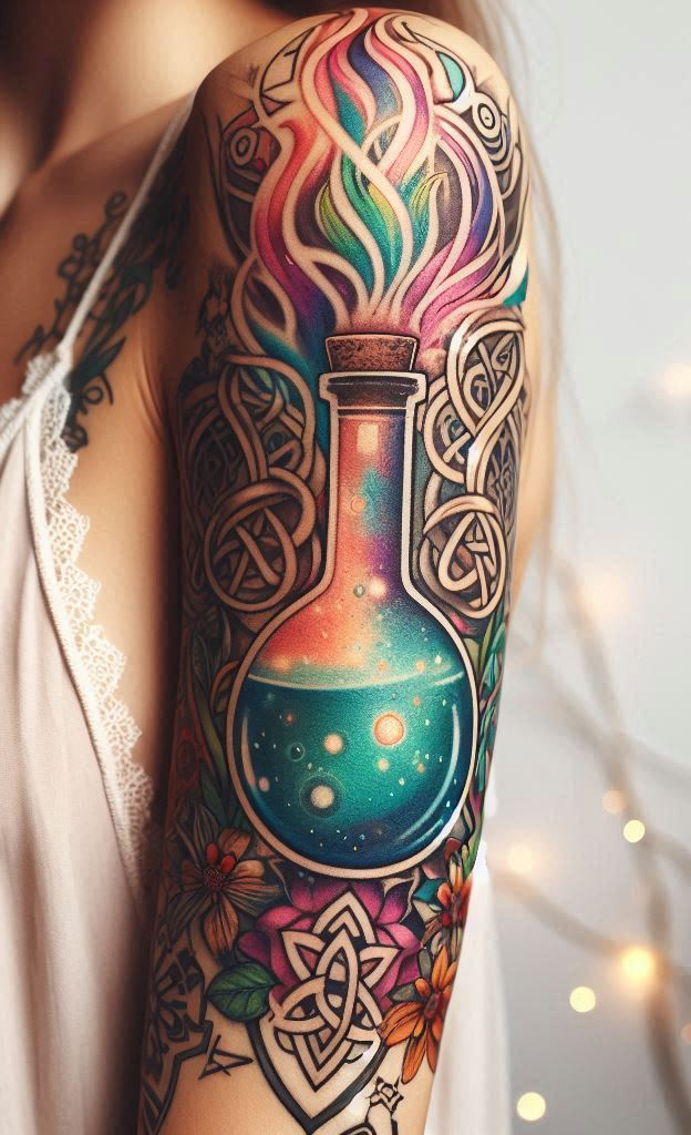 Enchant your skin with the mystique of ancient lore. This magic potion tattoo, wrapped in Celtic knots and etched with runes, is your personal charm for otherworldly allure.