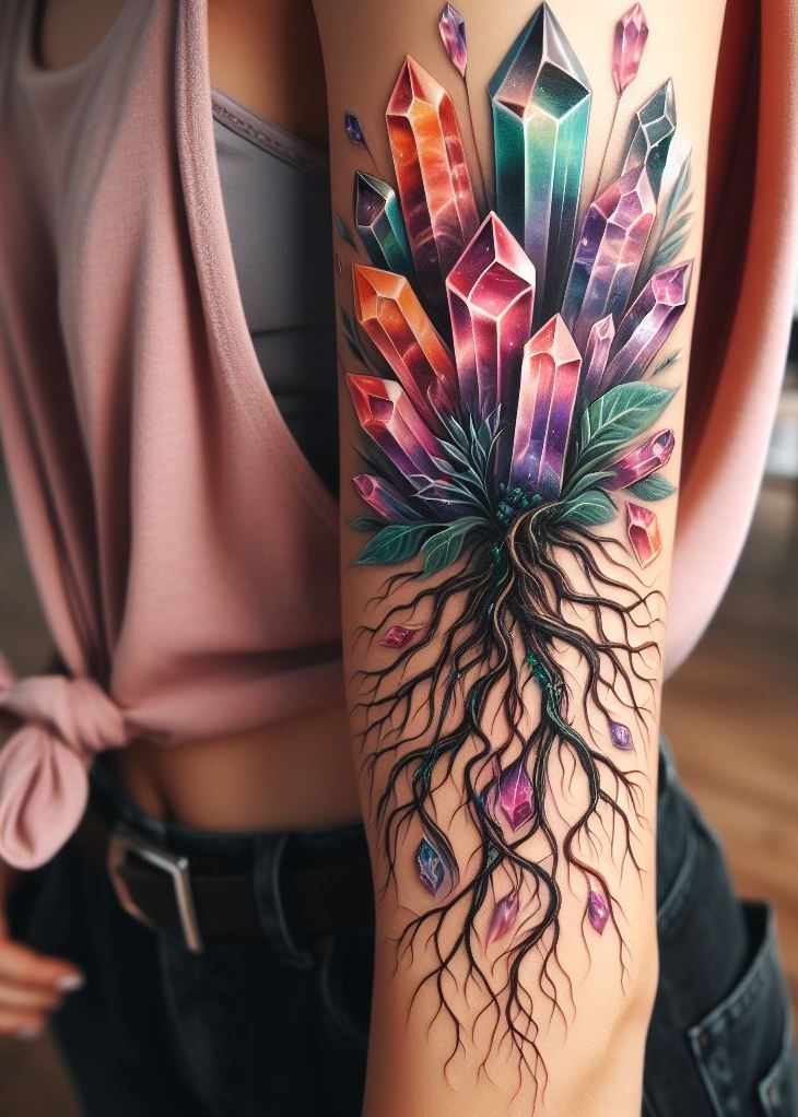 Let your skin tell a story of perseverance with Crystal Tattoos. Crystal Roots: Where Strength Runs Deep—a symbol that roots your resolve as deeply as the crystals themselves.