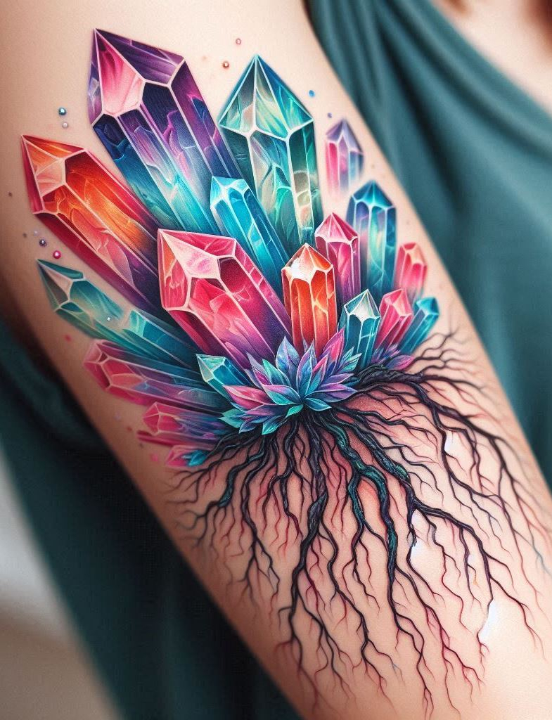 Unearth the essence of resilience with Crystal Tattoos. Crystal Roots: Where Strength Runs Deep—a design that intertwines the elegance of crystals with the fortitude of ancient trees.