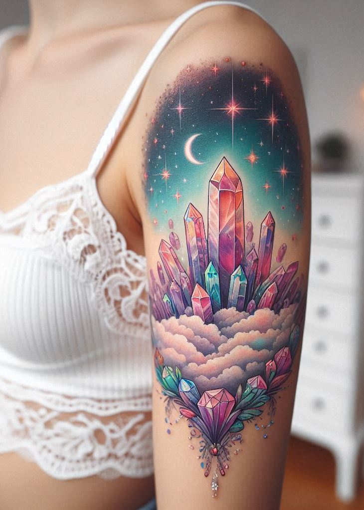 Crystal Tattoos elevate your aspirations, as Floating Crystal Utopia: Take Your Dreams to New Heights becomes your skin’s canvas for the celestial. It’s where dreams aren’t just etched—they soar.