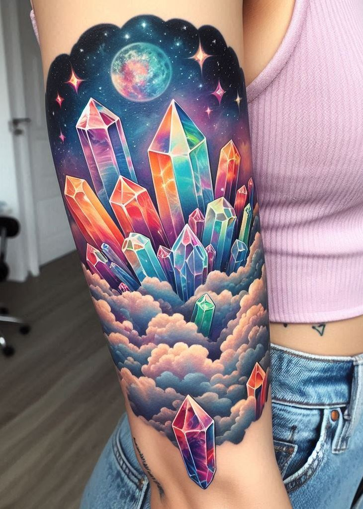 Crystal Tattoos offer a glimpse into a world where gravity doesn’t hold you down. Floating Crystal Utopia: Take Your Dreams to New Heights—let your spirit lift and your dreams drift among the gemstone clouds.