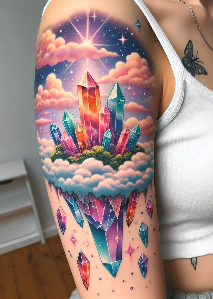 With Crystal Tattoos, your body becomes a sky where crystals float like stars. Floating Crystal Utopia: Take Your Dreams to New Heights—because why just dream when you can ascend?