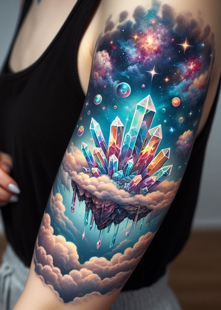 Adorn your skin with Crystal Tattoos and let Floating Crystal Utopia: Take Your Dreams to New Heights be the wind beneath your wings, lifting your aspirations to the stratosphere of possibility. 🌌💎