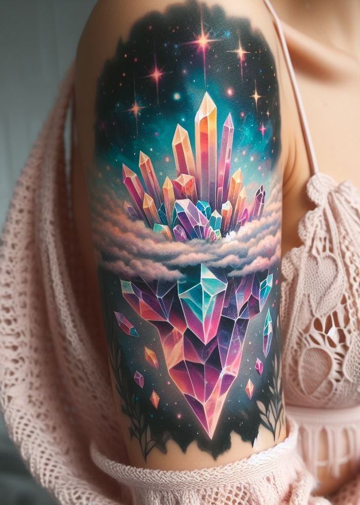 Crystal Tattoos capture the essence of weightlessness in Floating Crystal Utopia: Take Your Dreams to New Heights. It’s not just a tattoo; it’s an invitation to rise above.